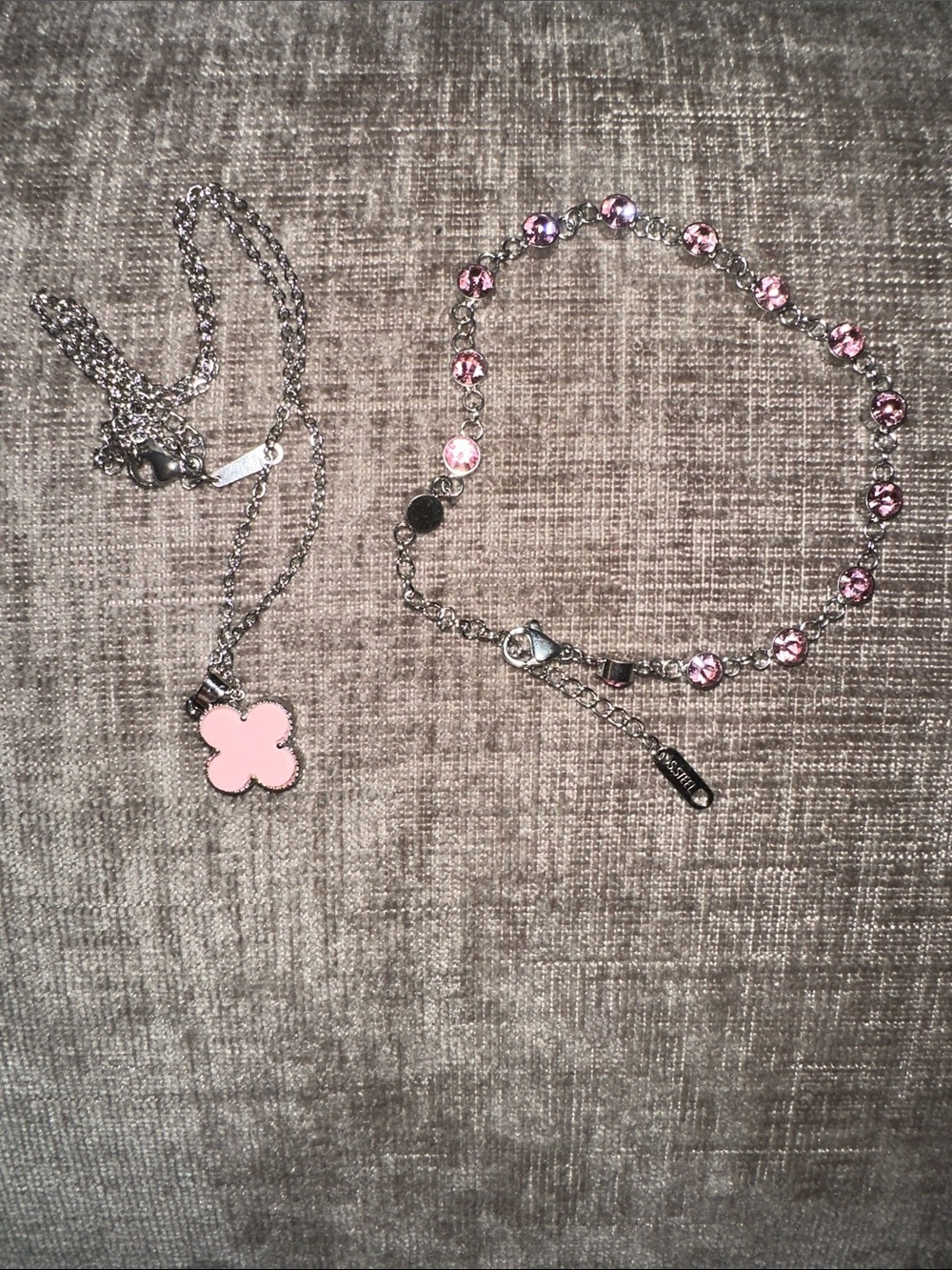 Pink Flower Pendant Necklace and Pink Crystal Bracelet Set